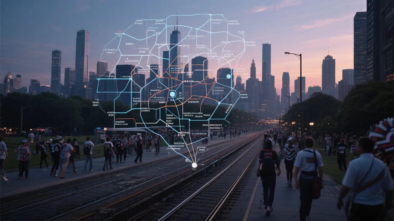 球迷出行与城市夜景联动的可视化概念图