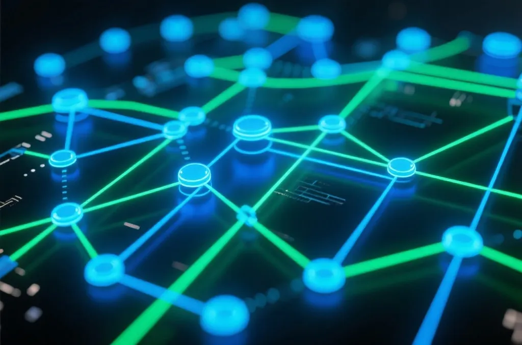 An abstract digital network concept with glowing blue and green light lines connecting nodes, representing fast internet data transmission, high tech background