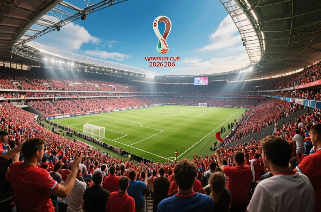 2026年世界杯概念海报，热烈的体育场氛围